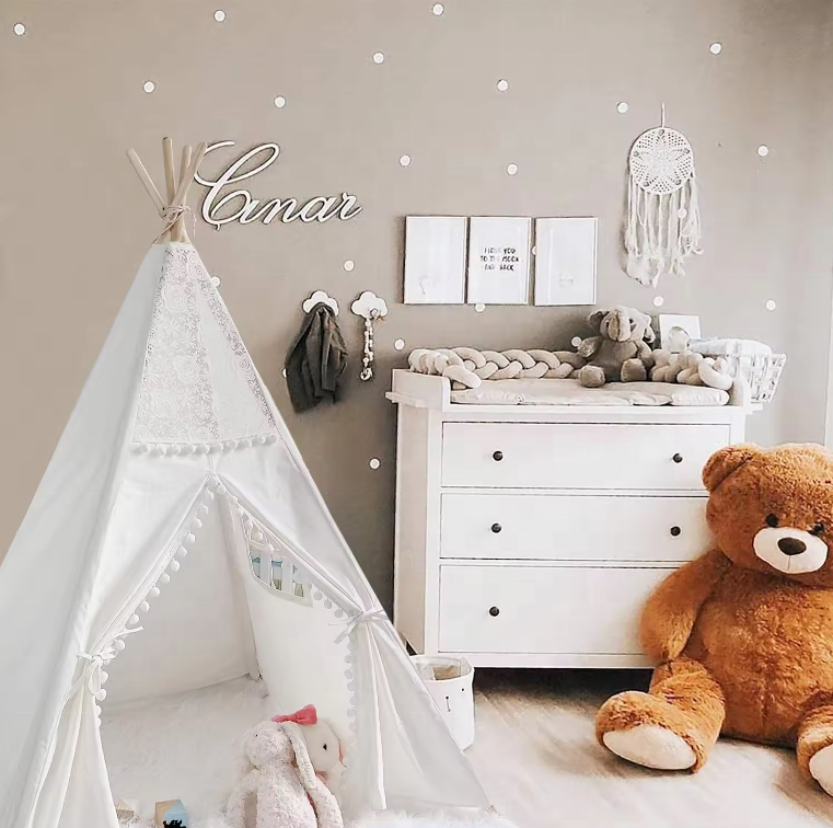 Teeppe Tent for Kids Canvas Washable Portable Play Tent  for Child With Tassels Lace BoHo Play House Tipi for Kids Room Decor