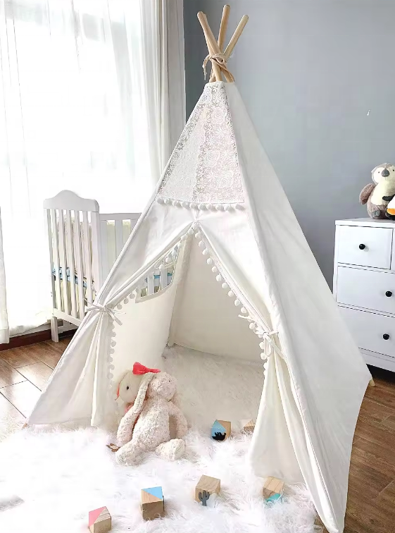 Teeppe Tent for Kids Canvas Washable Portable Play Tent  for Child With Tassels Lace BoHo Play House Tipi for Kids Room Decor