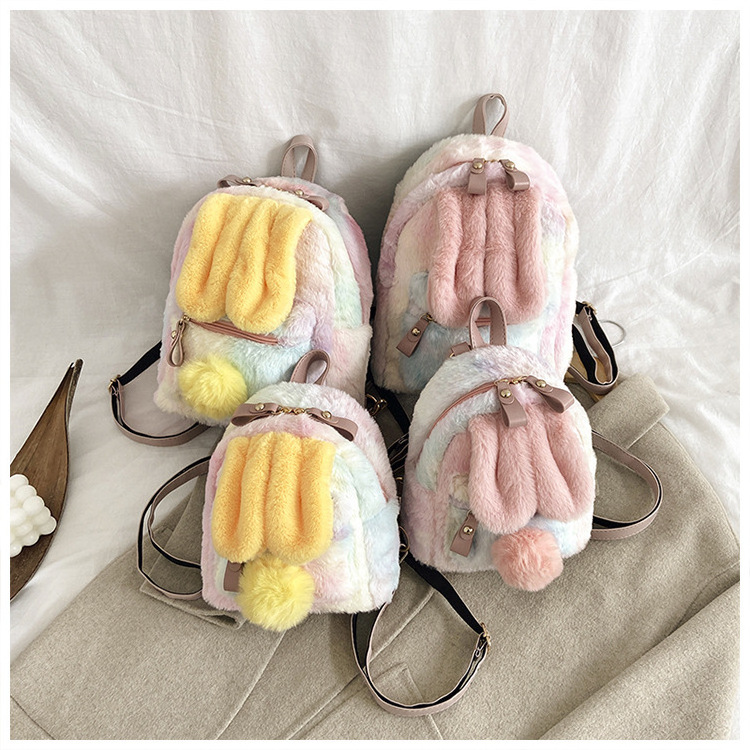 2020 Fashion Backpack Rabbit Ears School Book Bag Purse Girls Cute Tie Dye Faux Fur Travel bags