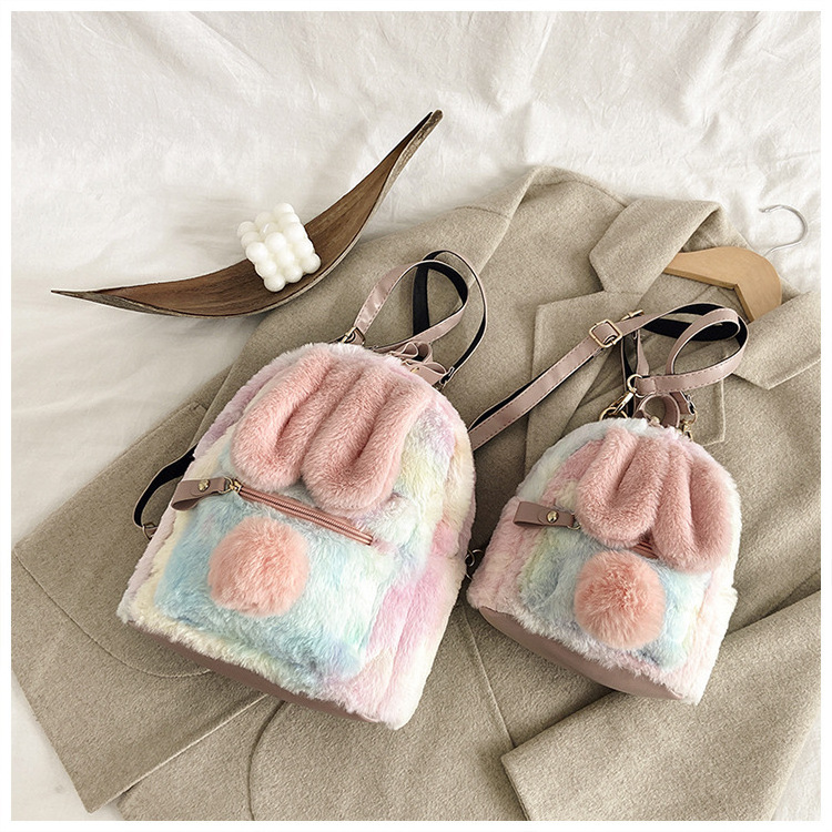 2020 Fashion Backpack Rabbit Ears School Book Bag Purse Girls Cute Tie Dye Faux Fur Travel bags