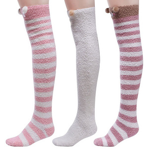 Coral Velvet Thigh High Stockings Girls Striped Soft Warm Winter Socks Custom Over Knee High Fuzzy Socks For Women