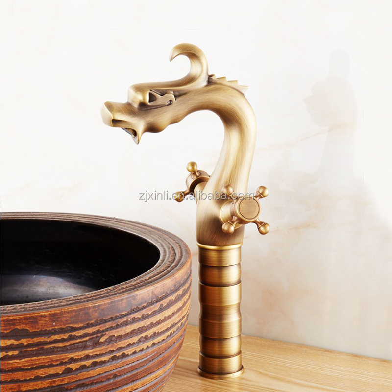 X9601B2 Brass Material Bronze Color Dual Handle of Dragon Design Artistic Bathroom Faucet