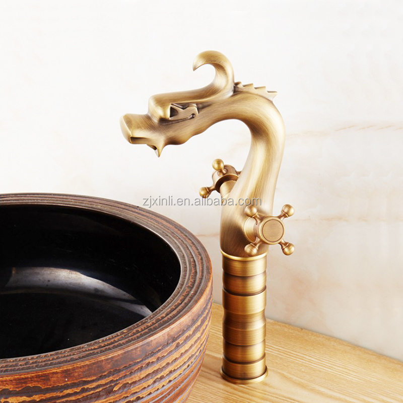 X9601B2 Brass Material Bronze Color Dual Handle of Dragon Design Artistic Bathroom Faucet