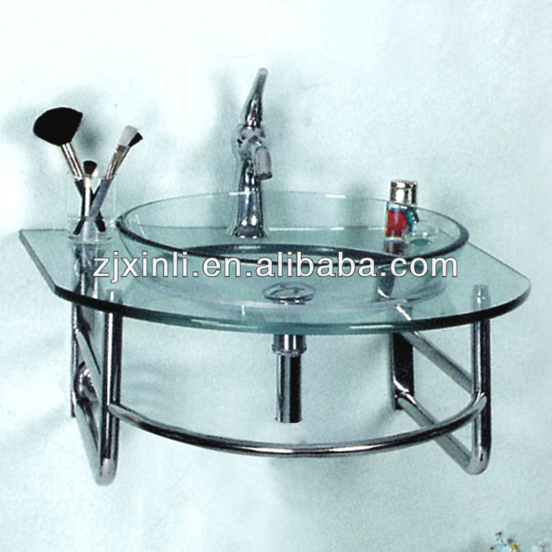 High Quality Tempered Glass Wash Basin, Transparent Glass with Stainless Steel Holder