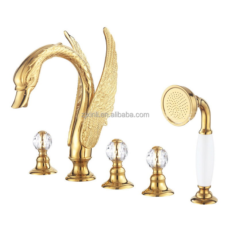 X9612T Brass Material Gold Color Triple Handle Deck Mounted of Luxury Artistic Swan Bathtub Faucet