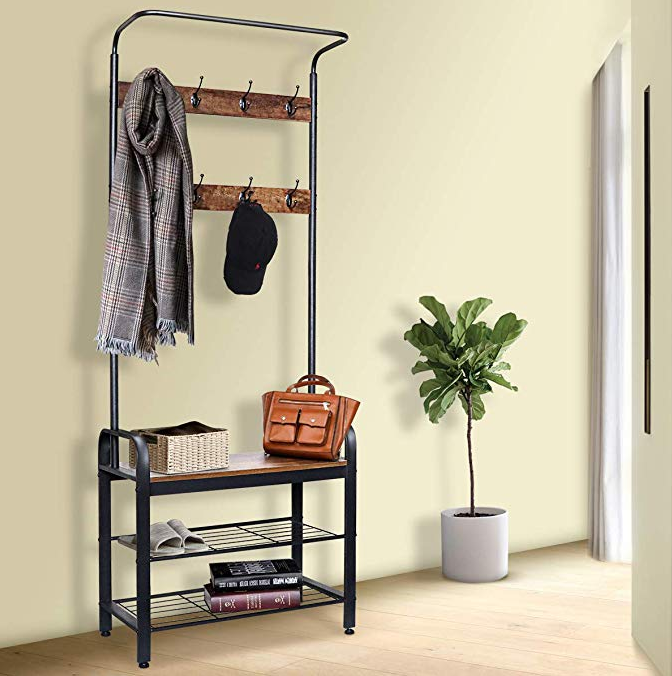 Clothes Rail Coat Rack 2 Tier Shelves Hallway Entrance Free stand Organizer Metal Storage Shoe Bench Stand