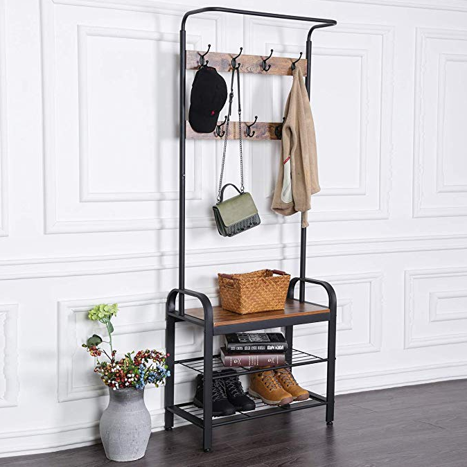 Clothes Rail Coat Rack 2 Tier Shelves Hallway Entrance Free stand Organizer Metal Storage Shoe Bench Stand