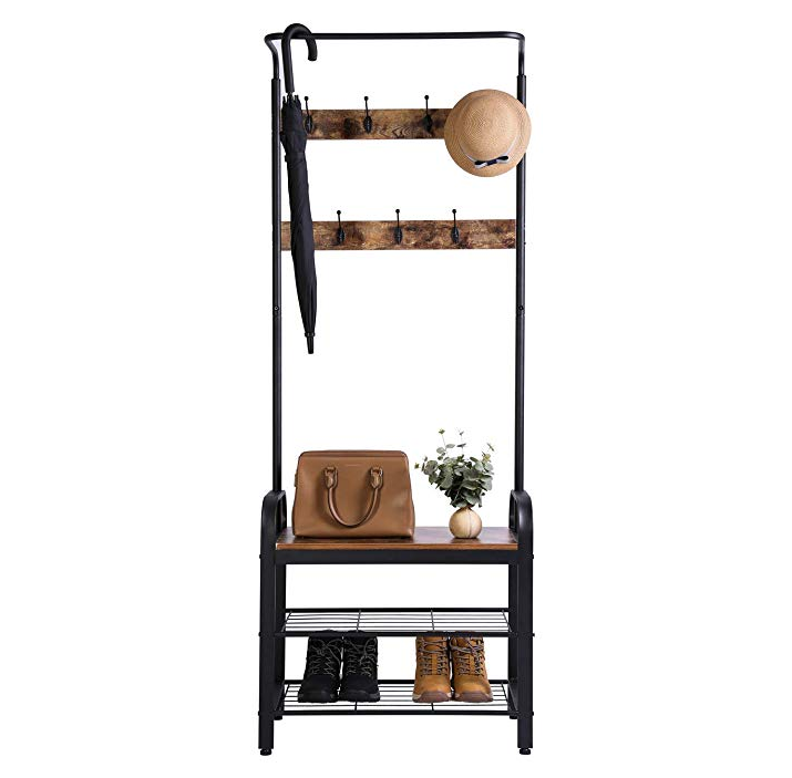 Clothes Rail Coat Rack 2 Tier Shelves Hallway Entrance Free stand Organizer Metal Storage Shoe Bench Stand