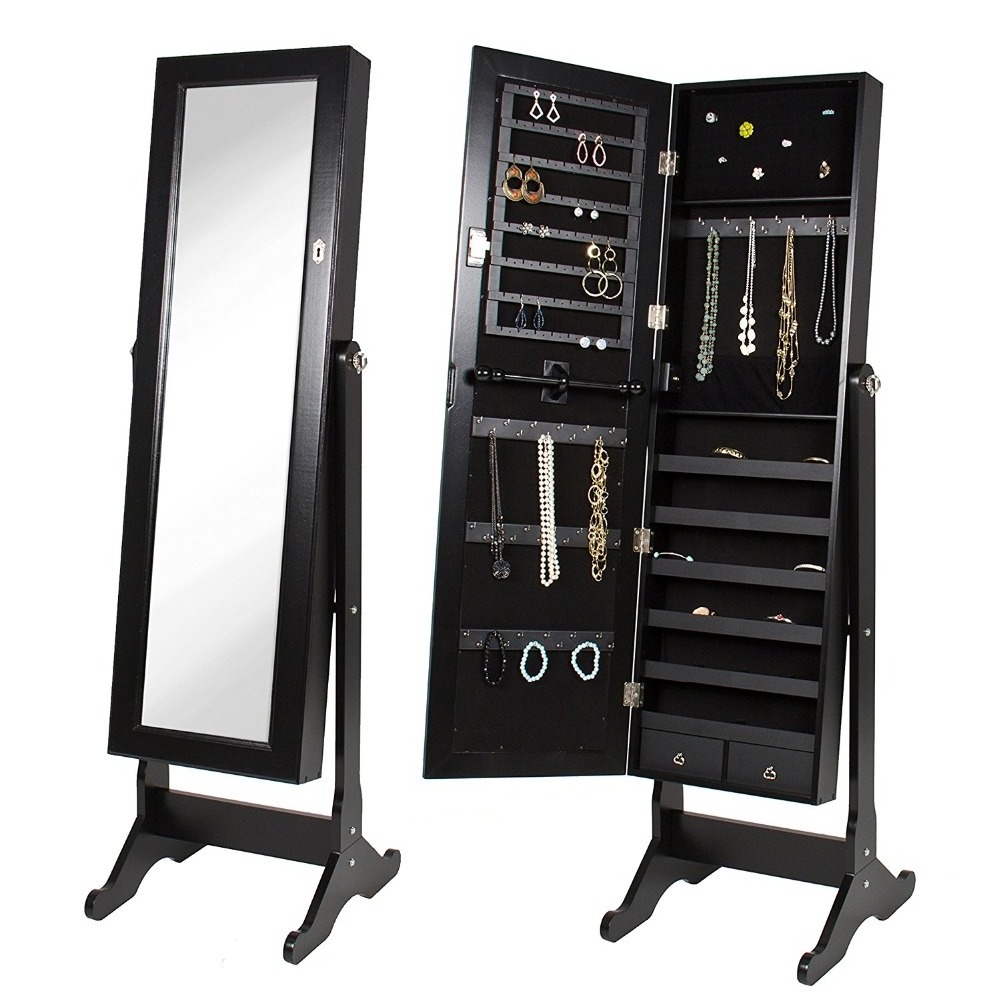 wooden tall black large mirrored jewelry cabinet armoire