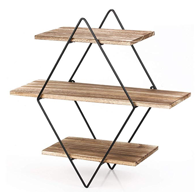 Floating Shelves 3 Tier Geometric Diamond Wall Shelves, Wood and Metal Art Rustic Farmhouse Decor