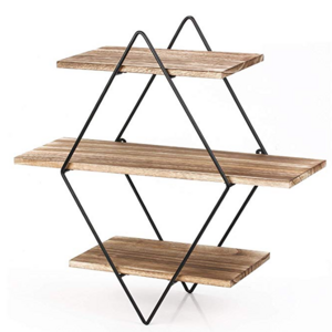 Floating Shelves 3 Tier Geometric Diamond Wall Shelves, Wood and Metal Art Rustic Farmhouse Decor