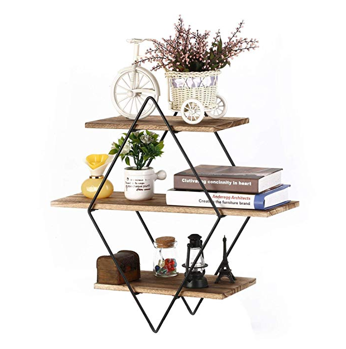 Floating Shelves 3 Tier Geometric Diamond Wall Shelves, Wood and Metal Art Rustic Farmhouse Decor