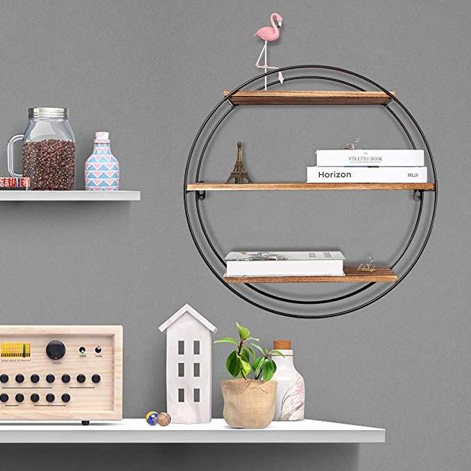 Floating book Shelves 3 Tier Geometric Round Wall Shelves Decorative iron and wood Hanging Shelf Rustic Farmhouse Decor