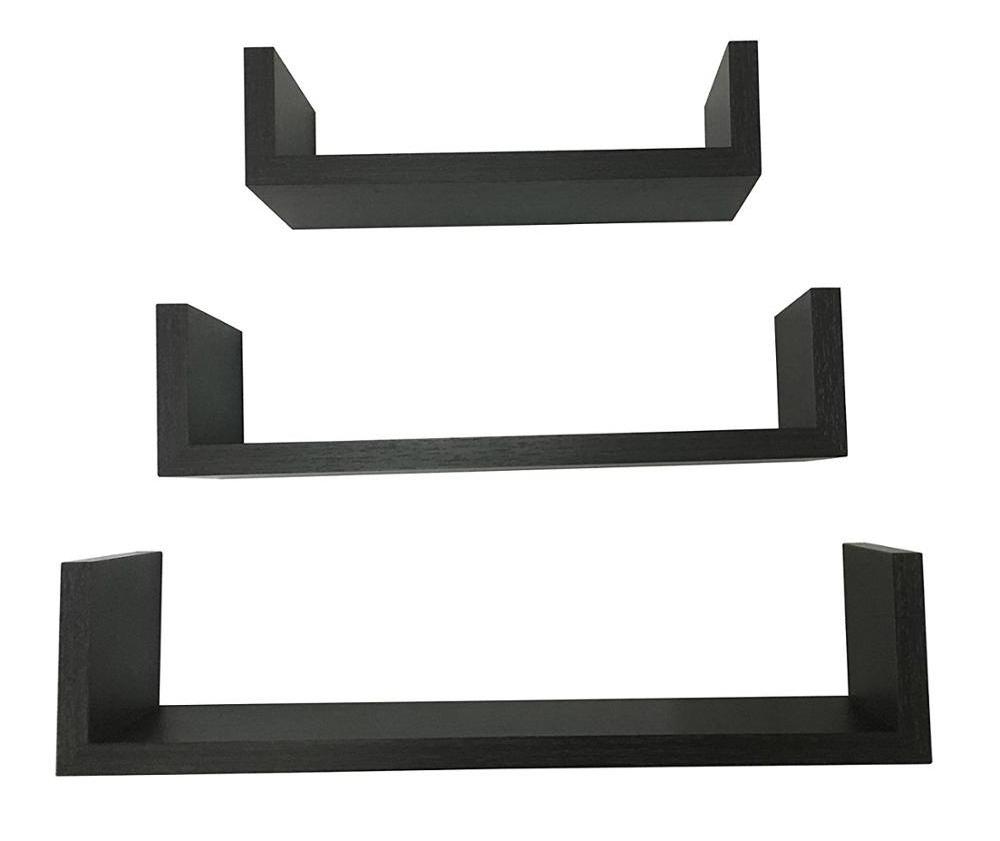 Set of 3 U Shape MDF Wall Mount Floating black shelves for Room and Office book display stand