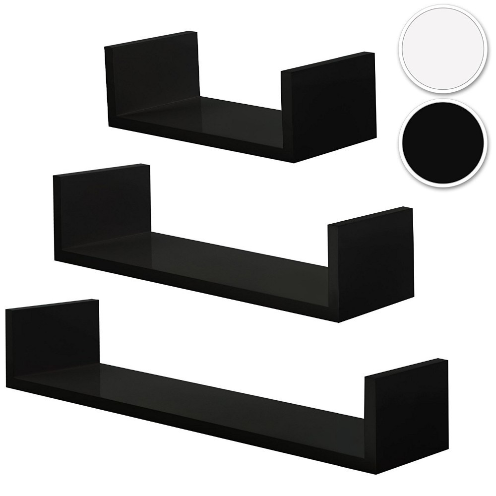 Set of 3 U Shape MDF Wall Mount Floating black shelves for Room and Office book display stand