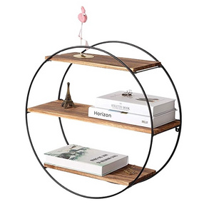 Floating book Shelves 3 Tier Geometric Round Wall Shelves Decorative iron and wood Hanging Shelf Rustic Farmhouse Decor