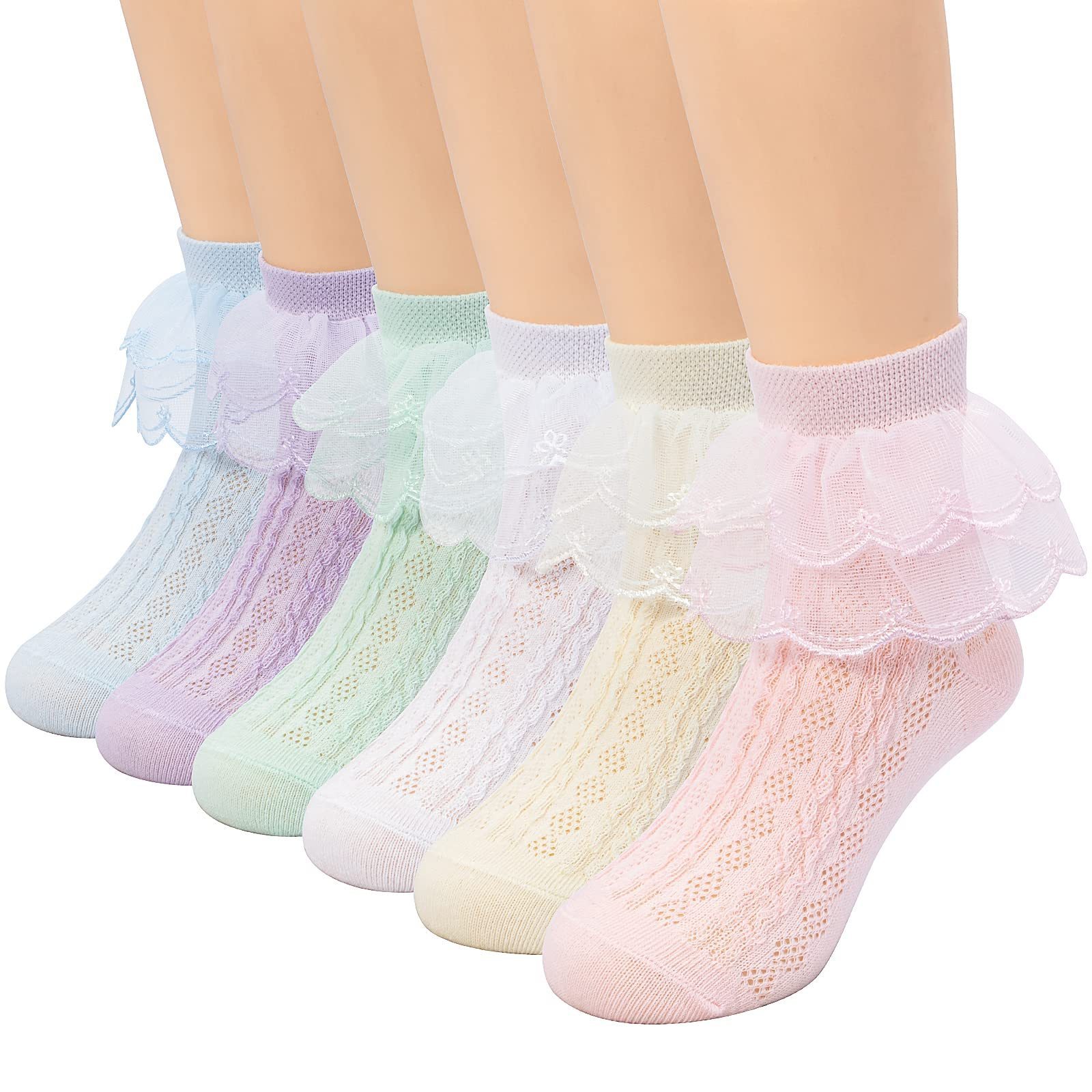 Toddler Baby Girls Ruffle Socks White Lace Trim Eyelet Frilly Cute Cotton Dress Ankle Socks