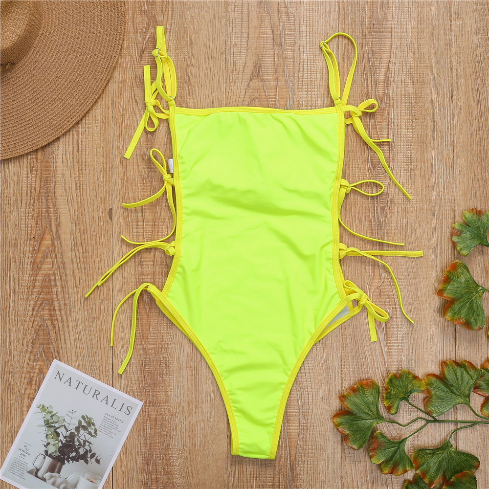 2021 micro crotch bikini sexy lace rope tied knot Pure color jumpsuit one-piece swimsuit swimming sexy beachwear bikini