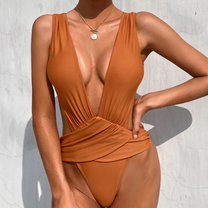 2021 teen bikini Best Selling Sexy Woman Solid Color One piece V neck Swimsuit Bandage Swimwear Ladies Strap Bikini