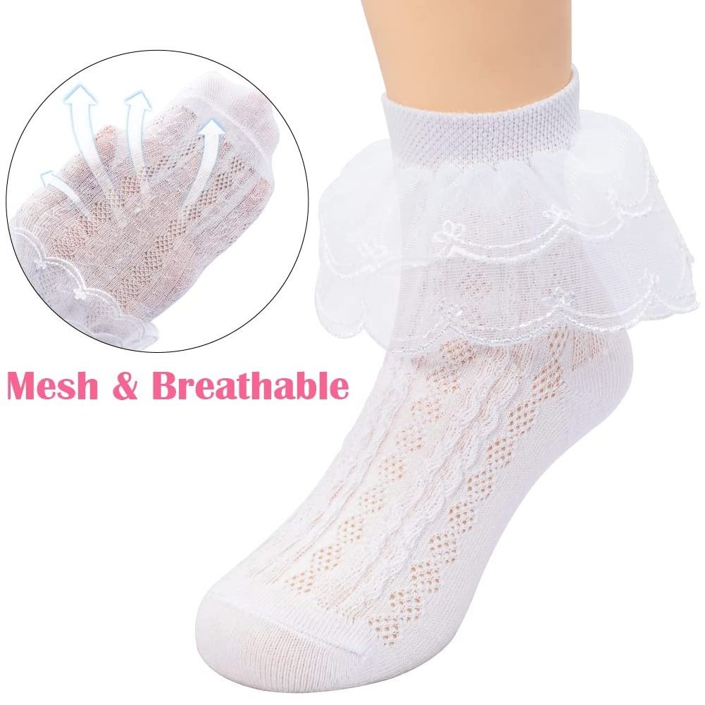 Toddler Baby Girls Ruffle Socks White Lace Trim Eyelet Frilly Cute Cotton Dress Ankle Socks