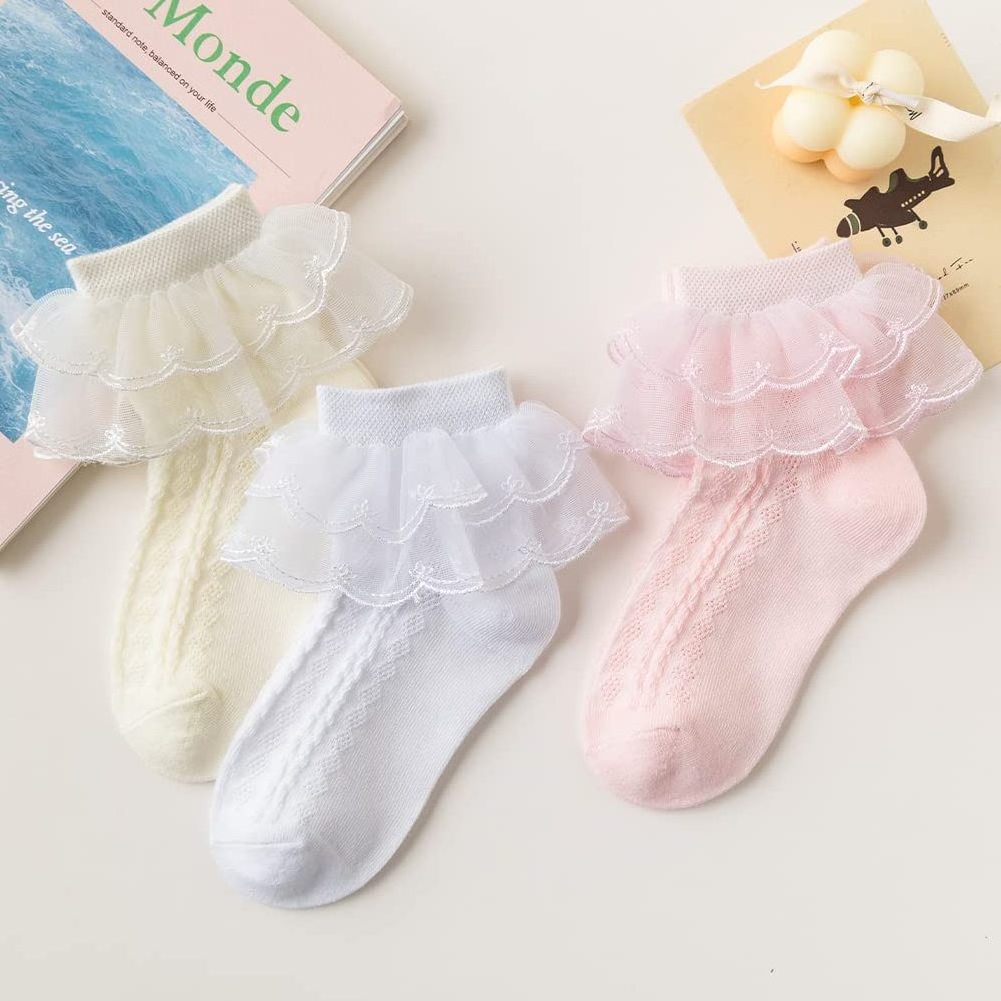 Toddler Baby Girls Ruffle Socks White Lace Trim Eyelet Frilly Cute Cotton Dress Ankle Socks