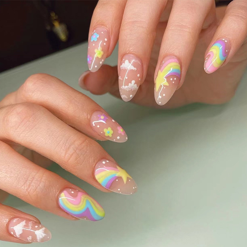 Rainbow Stars Multi-color Flowers Wearable Nails Artificial False Nail Press On Nails Wholesale Price