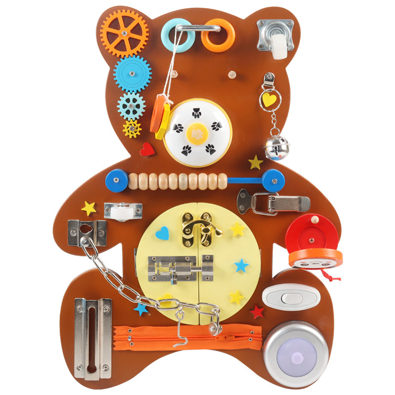 CPC new product wooden brown bear busy board ringing lock toy montessori educational learning toys for children CE