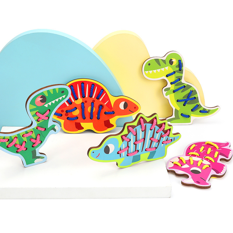 Customized Dinosaur Lacing Cards Wooden Threading rope Travel Preschool Games Fine Motor Skills Educational Baby Toys For Kids