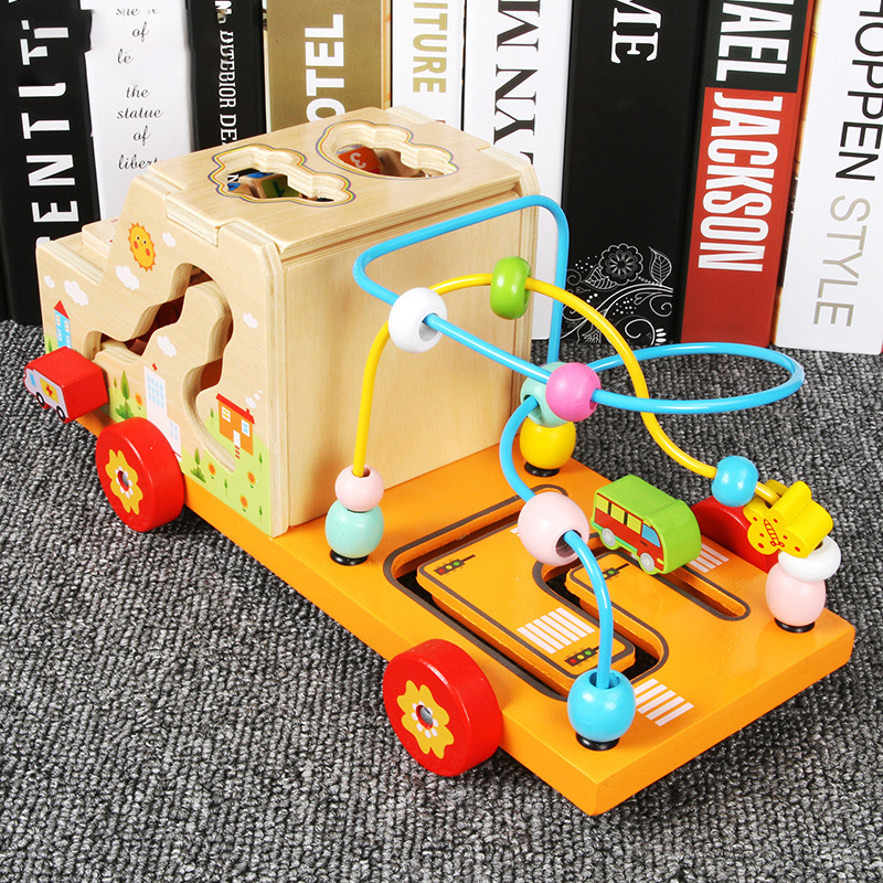 High quality cartoon multifunctional car math learning beads kids toys New trending cute safe wooden toddler toy car for kids