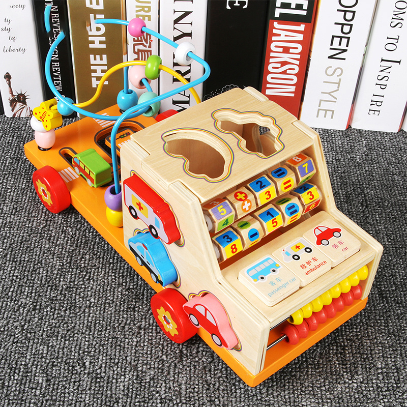 High quality cartoon multifunctional car math learning beads kids toys New trending cute safe wooden toddler toy car for kids