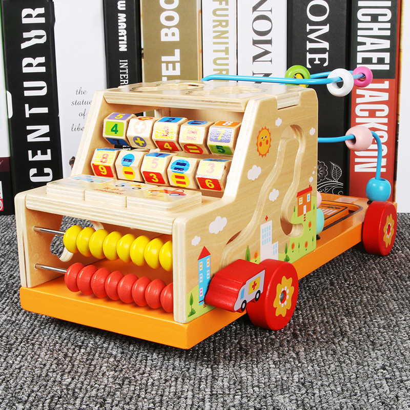 High quality cartoon multifunctional car math learning beads kids toys New trending cute safe wooden toddler toy car for kids