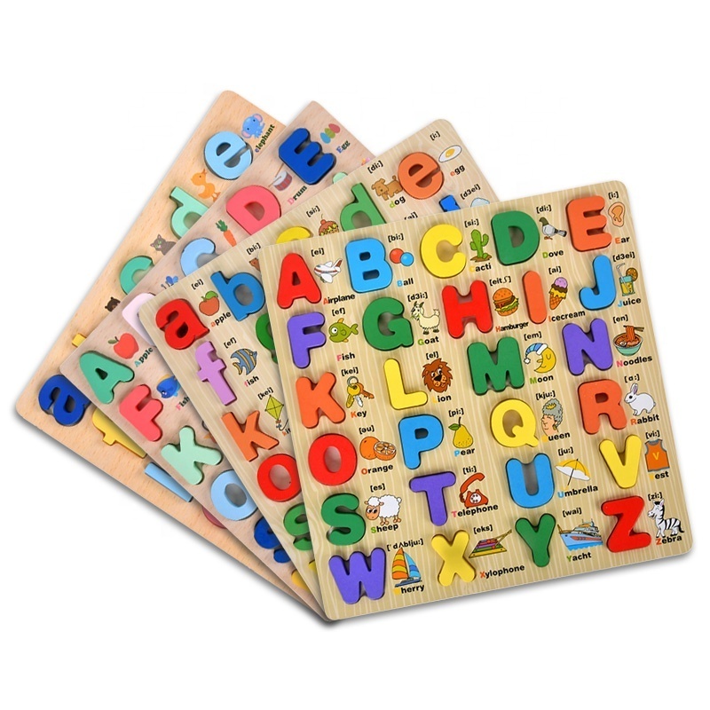 Children Wooden Number Shape Cognitive ABCD Jigsaw Board Game 3D Early Educational Learning Puzzles Cube Toy For Kids Boys Girls