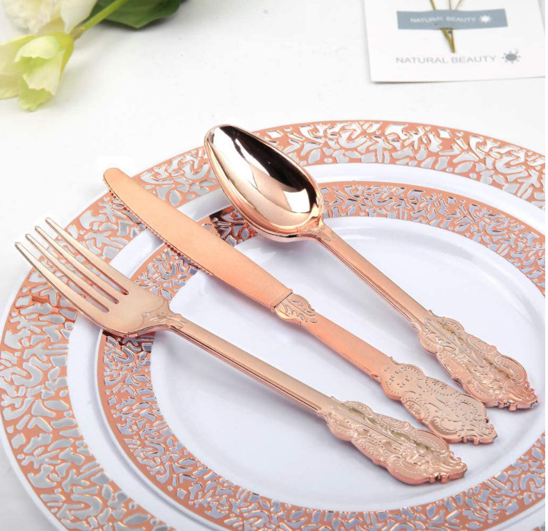 Rose Gold Knife Fork And Spoon Suit Western Tableware Gold-Plated Plastic Cutlery Set customized fork knife spoon logo