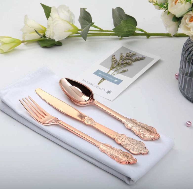 Rose Gold Knife Fork And Spoon Suit Western Tableware Gold-Plated Plastic Cutlery Set customized fork knife spoon logo