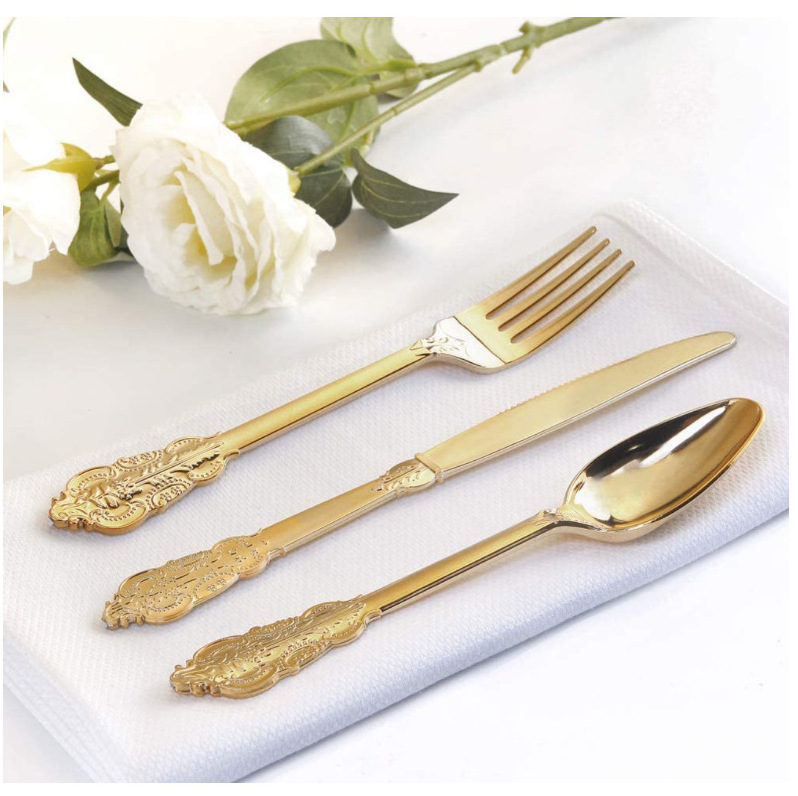 Rose Gold Knife Fork And Spoon Suit Western Tableware Gold-Plated Plastic Cutlery Set customized fork knife spoon logo