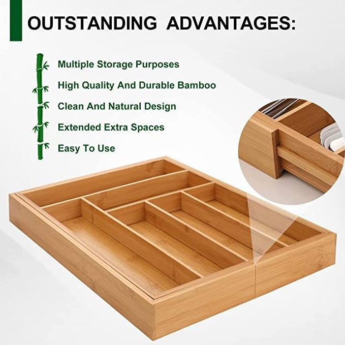 Bamboo kitchen tool box spice rack drawer organizer storage Extendable 7 To 9 Compartments Bamboo Cutlery Box