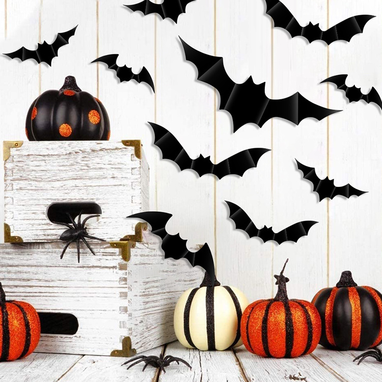 Halloween Window Sticker 3D Bats Decoration PVC Scary Black Bat Sticker  For Home Decor