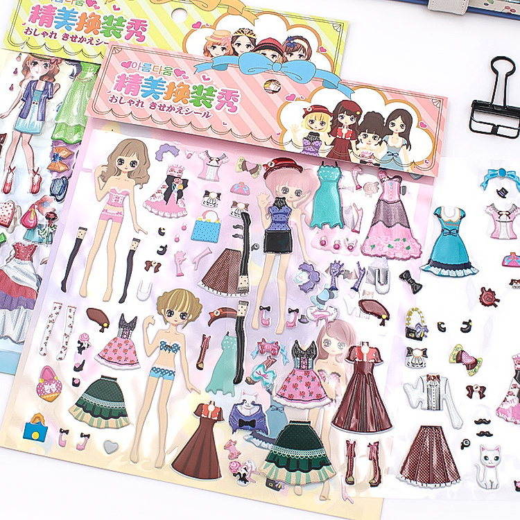 Custom 3d Cute Girl Dress Up Puffy Sticker 3d Foam Waterproof Decal Kawaii Cartoon Puffy Sticker