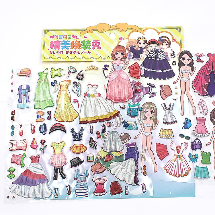 Custom 3d Cute Girl Dress Up Puffy Sticker 3d Foam Waterproof Decal Kawaii Cartoon Puffy Sticker