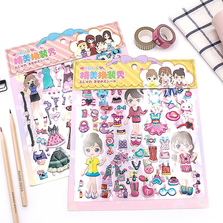 Custom 3d Cute Girl Dress Up Puffy Sticker 3d Foam Waterproof Decal Kawaii Cartoon Puffy Sticker