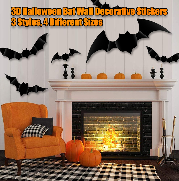 Hot Product 12pcs Halloween 3D Bats Decoration Different Sizes Realistic PVC Scary Black Bat Home Decoration Wall Sticker