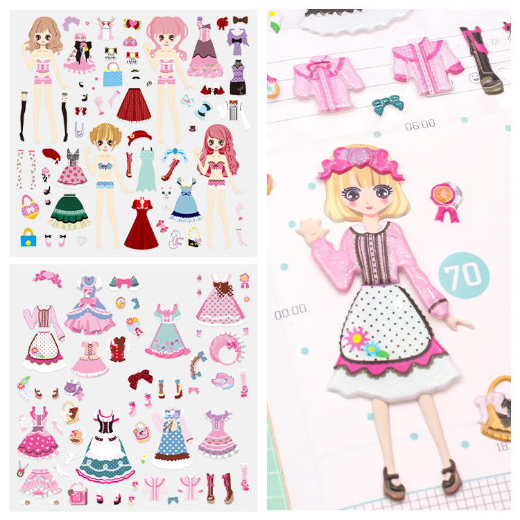 OEM&ODM Funny Custom Decorative Removable Girls Toy 3d Puffy Foam Princess Dress Up Doll Stickers For Kids