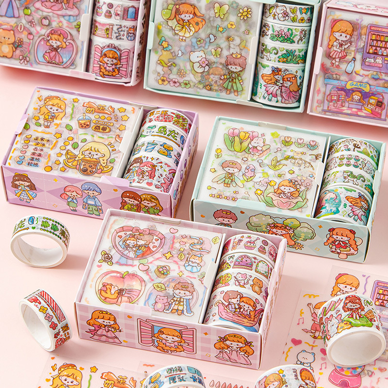 New Arrival  Girl Cartoon Cute 4 Tapes 4 Stickers Set Tape Sticker Stationery DIY Decorative Tape Sticker Set