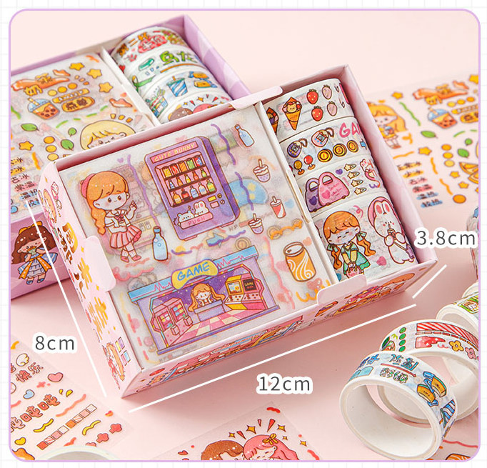 New Arrival  Girl Cartoon Cute 4 Tapes 4 Stickers Set Tape Sticker Stationery DIY Decorative Tape Sticker Set