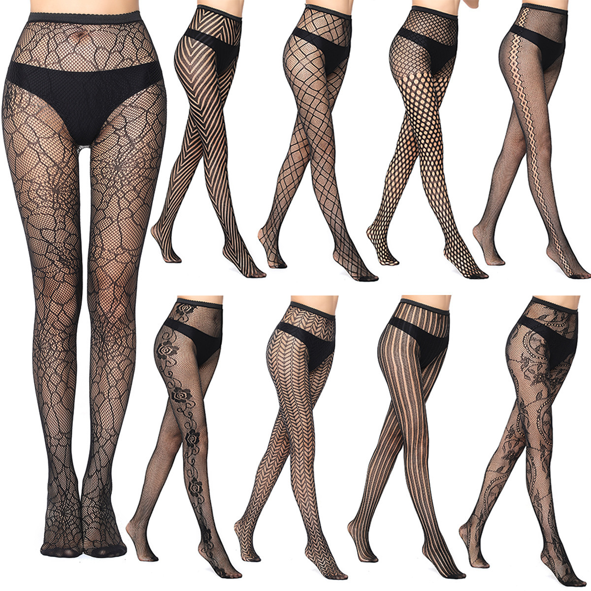 V6001 Women Underwear Skull Flower Stripes Star Cross Fishnet Mesh Fishnet  PantyhoseTights