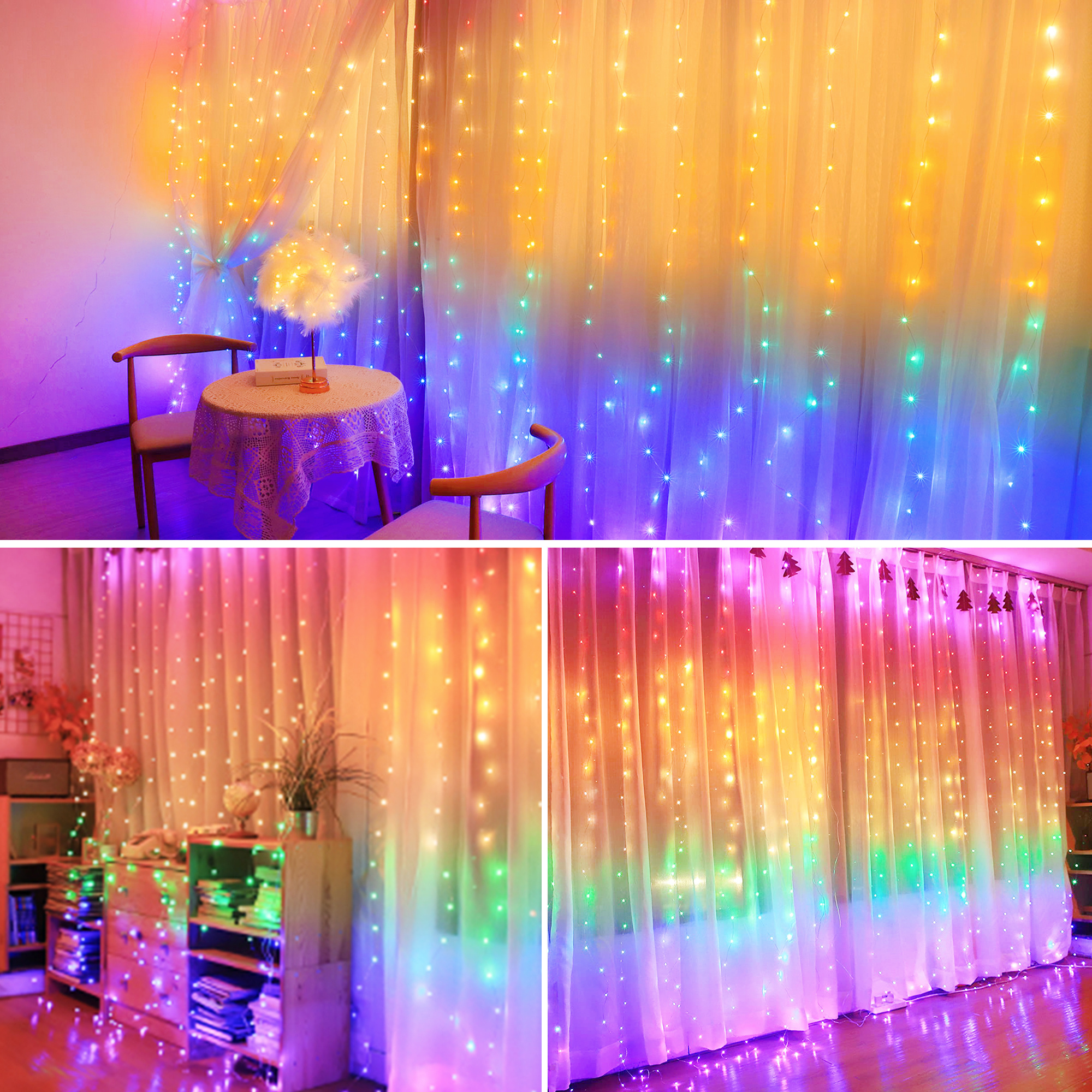 LED Curtain Lights Control Smart With Remote RGB Window String Lights Rainbow Curtain Fairy Lights