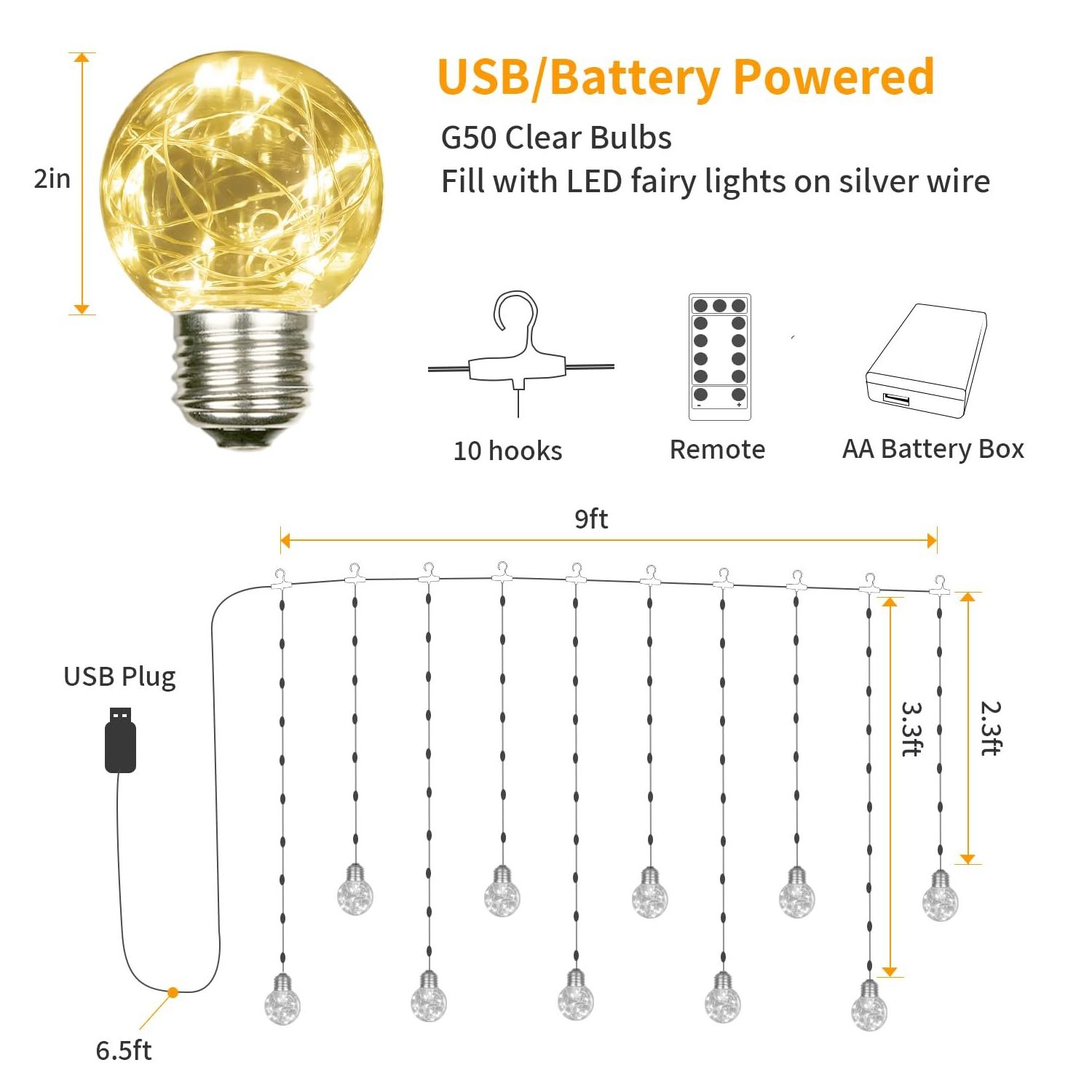 USB Powered with Remote 200LED Wishing Ball Curtain Lights LED Edison Style Bulb Twinkle LED Window Fairy Lights