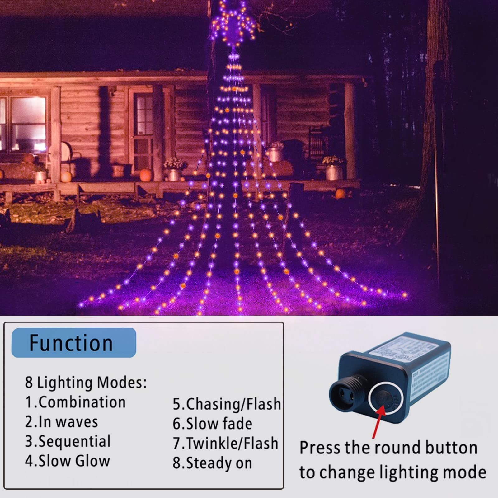 8 Lighting Modes 272 LED Purple Orange Waterfall Tree String Lights with Metal Spiders Outdoor Halloween Lights