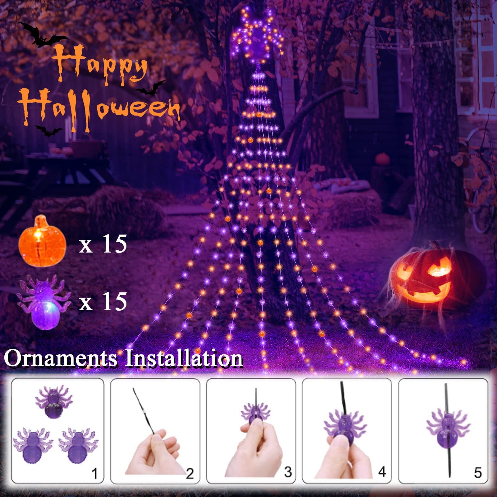 8 Lighting Modes 272 LED Purple Orange Waterfall Tree String Lights with Metal Spiders Outdoor Halloween Lights