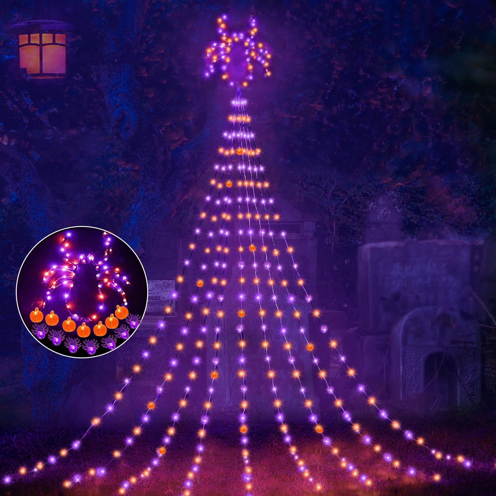 8 Lighting Modes 272 LED Purple Orange Waterfall Tree String Lights with Metal Spiders Outdoor Halloween Lights